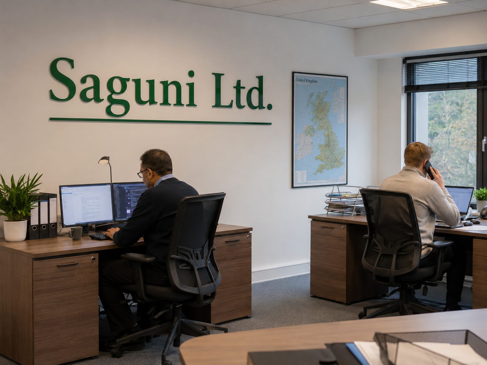 Two colleagues working at desks in the Saguni Ltd office, beneath the company signage.